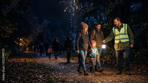 Volunteer guides families home after a community fireworks finale