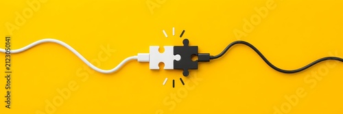 Seamless connection of white and black puzzle pieces linked by power cables, symbolizing partnership, innovation, and finding solutions in a collaborative digital landscape.