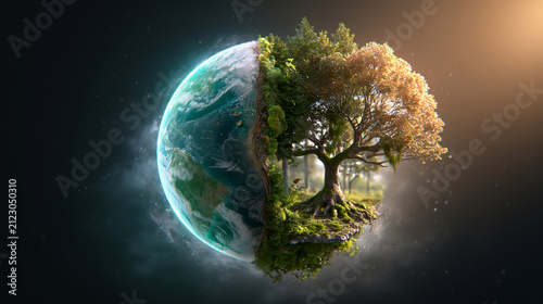 Planet Earth Merged with a Lush Tree and Green Vegetation Floating in Dark Outer Space with Glowing Atmosphere and Detailed Natural Foliage