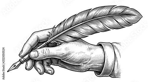 Vintage Engraving of Hand Holding Feather Quill Pen