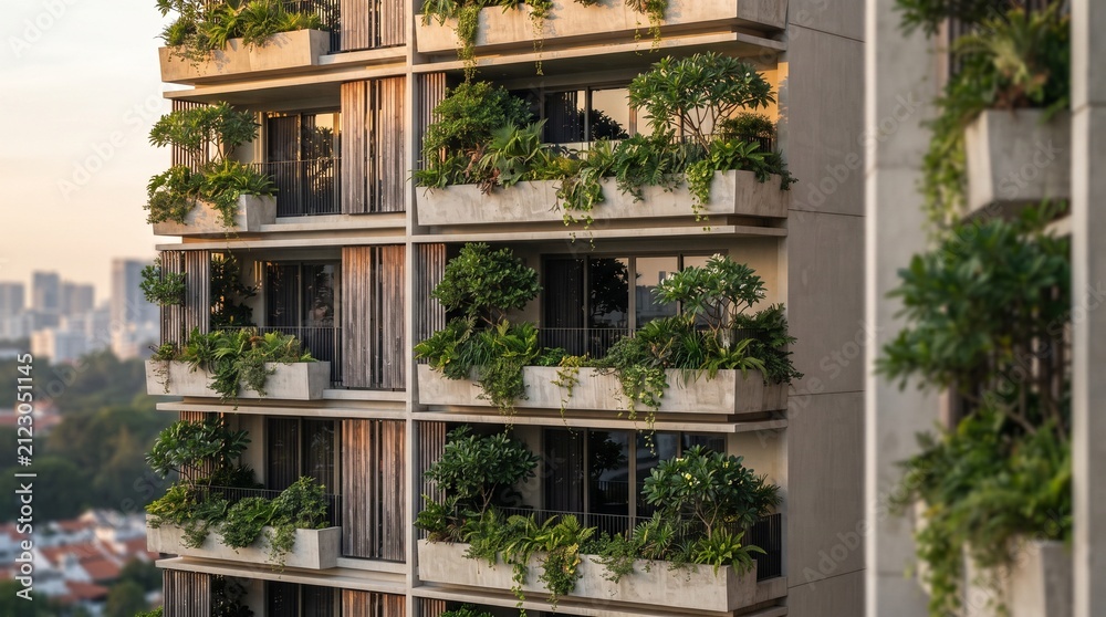 Fototapeta premium Close aerial study of planted balconies on a climate ready tower