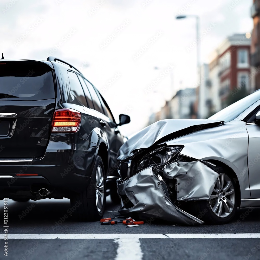 Fototapeta premium Cars involved in a collision. Damaged vehicles on a city street.