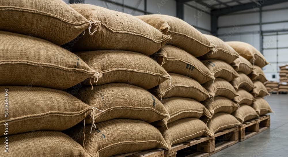 Fototapeta premium Jute sack bags stacked on pallets in warehouse storage industrial setting