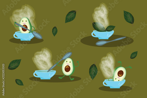 Set of avocado fruit kawaii character with a cup and leaves  in different position for avocado tea brand