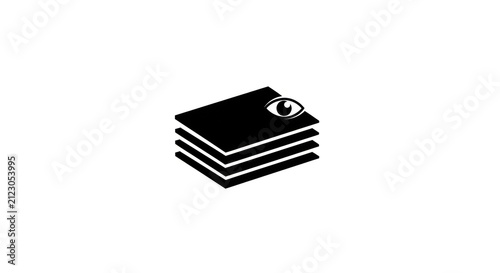 Stack of papers with an eye icon on top representing data analysis.