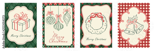 Vintage Christmas greeting card template set. Hand drawn line art bow gift box, hanging bauble ornaments, wreath, and jingle bells on red green plaid background. Classic festive vector illustration.
