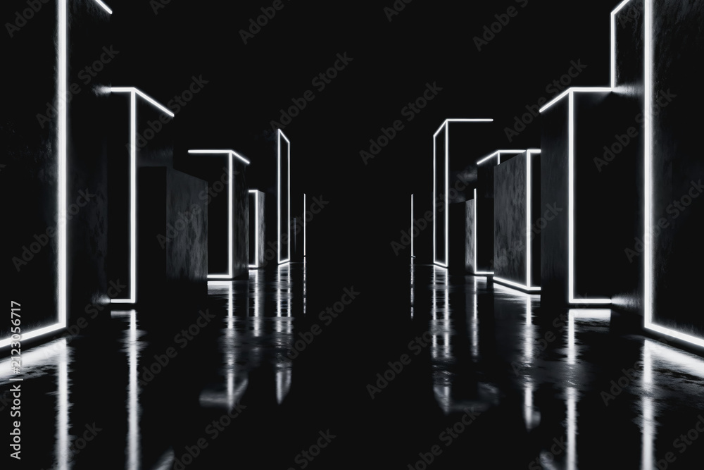 Obraz premium 3D rendering of geometric cubes with neon strips, arranged in a dark reflective space with sharp perspective.