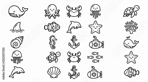 Sea creatures and ocean animals icons.
