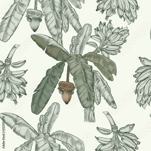 Fashion floral seamless vector fabric pattern with banana fruit and green palm leaves plant 