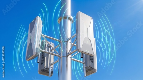 Modern cellular network tower antenna broadcasting 5g wireless internet signals in the bright blue sky