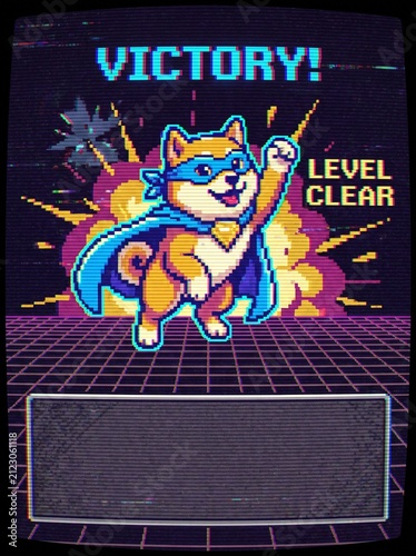 Pixel art Shiba Inu dog in superhero costume celebrates victory and level clear