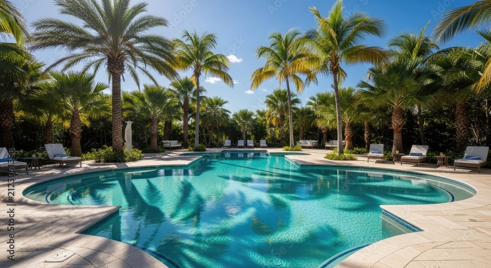 Fototapeta premium Curved luxury swimming pool under a bright sunny sky.