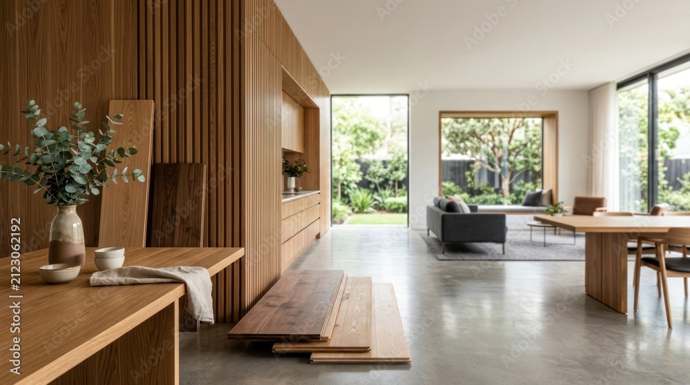 Fototapeta premium Modern interior design with natural wood elements and abundant natural light