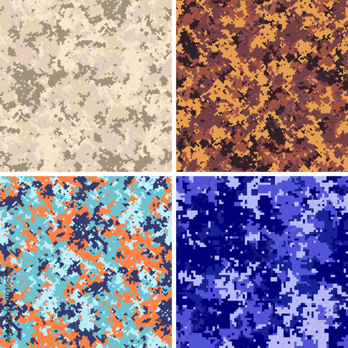 Four seamless camouflage swatches feature rust, ruby, teal, blue palettes plus eroded organic marks, autumnal pack suits fabric, stationery, labels, merchandise, textiles, covers, graphics asset.