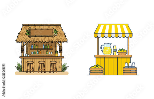 Tiki Bar and Lemonade Stand Illustration Set Featuring Tropical and Citrus Outdoor Retail Kiosks