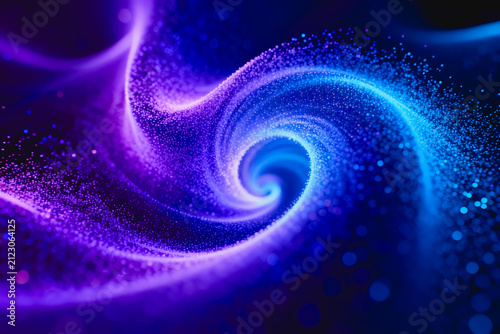 A dynamic abstract visual of swirling blue and purple glowing particles forming a curved vortex with bokeh details, ideal for tech-themed designs.