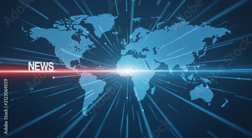 Global News Broadcast Background with World Map and Light Streaks.