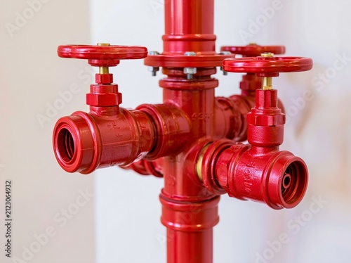 Red dry sprinkler riser assembly with valves in a utility room during daylight