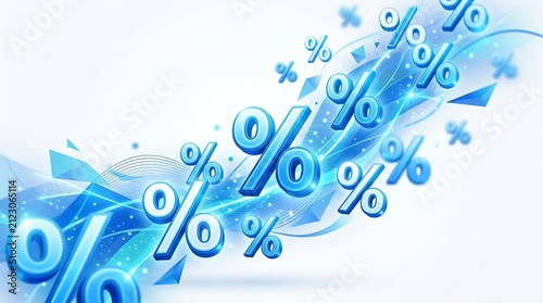 Percentage of Progress: Gleaming blue percentage symbols cascade across a dynamic, abstract background, suggesting growth, savings, and financial success.