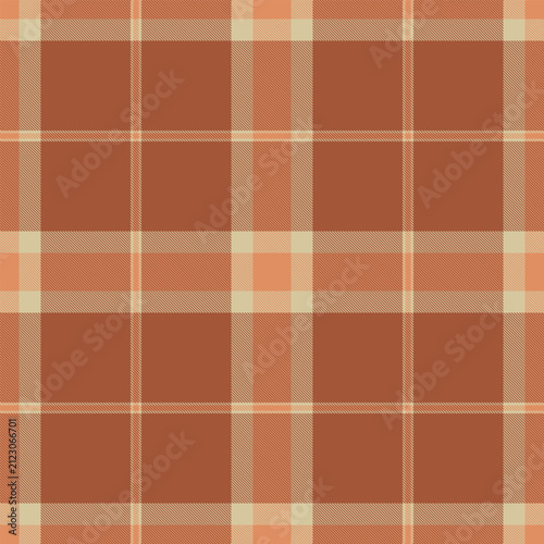 A traditional tartan plaid pattern with a balanced check structure and orange and light tones. The seamless textile background recreates a woven fabric look with a natural decorative character.
