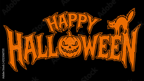 Happy Halloween spooky typography design with jack o lantern pumpkin and arched back black cat