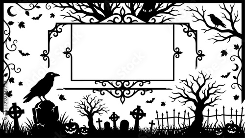Halloween graveyard decorative border frame with graveyard scene silhouettes black white decorative