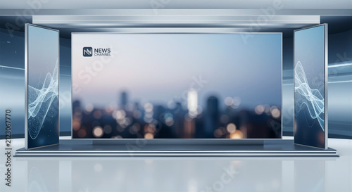 Modern news studio with large screens displaying a cityscape and abstract wave graphics.