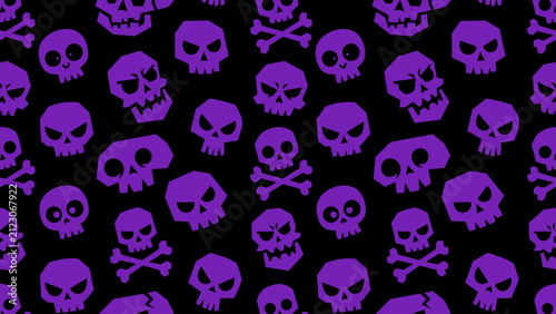 Seamless pattern featuring purple cartoon skulls and crossbones on solid black background with death