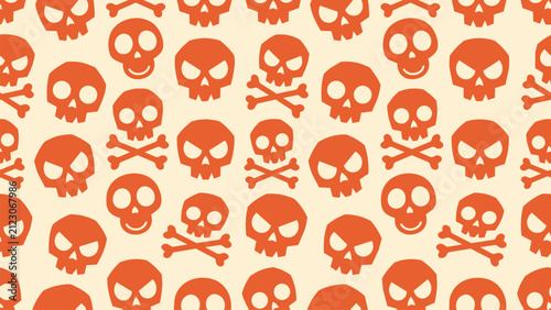 Seamless pattern featuring stylized orange skulls and crossbones on a pale cream background design