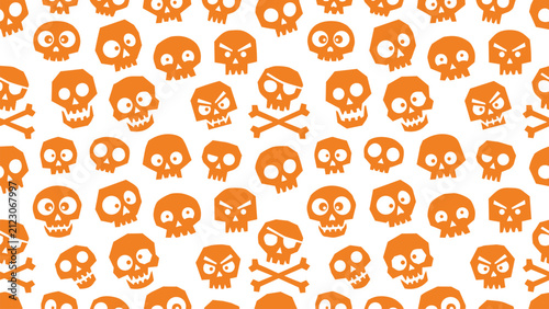 Seamless pattern featuring playful orange cartoon skulls with varied expressions with illustration
