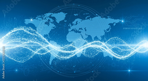 Abstract representation of global digital network connections and data flow across the world map.
