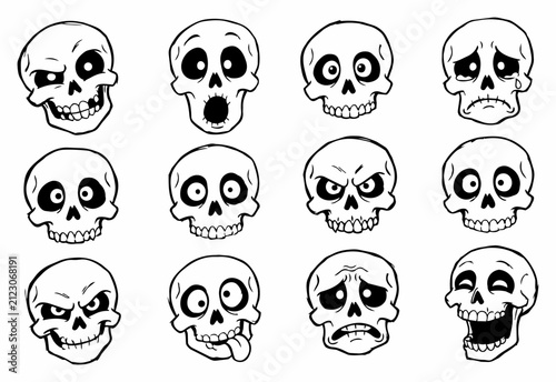 Set of twelve expressive cartoon skull illustrations with humorous facial expressions twelve hand
