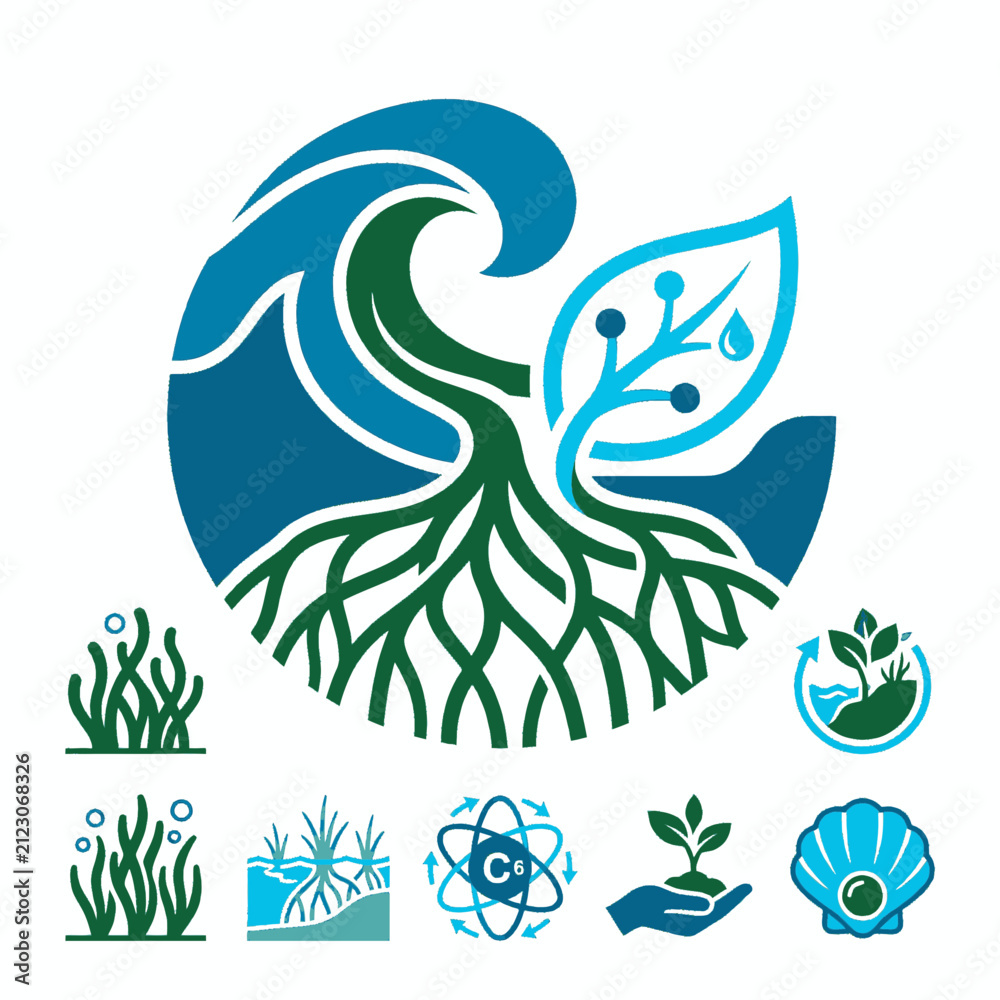 Fototapeta premium Carbon Capture Sustainable Vector Illustration of Waves Roots Leaf