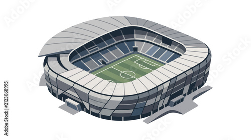 Isometric soccer stadium arena with green pitch.