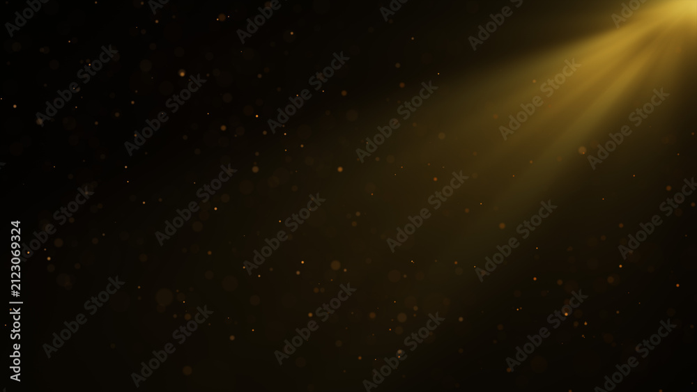 Obraz premium Golden glowing light rays effect with sparkling glitter magic dust particles flow bokeh shining sunburst