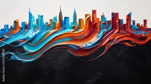 Colorful abstract cityscape created with vibrant paint swirls and texture