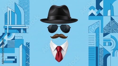 Stylish detective character with hat and sunglasses on blue background