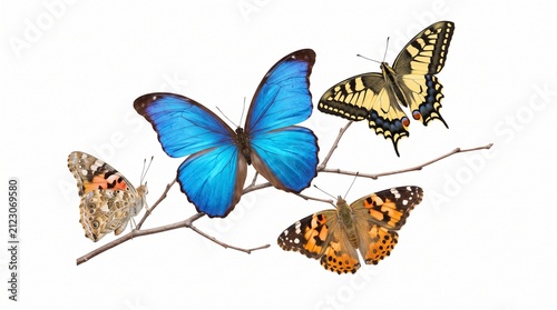 A diverse collection of realistic butterflies flying across a white studio background.