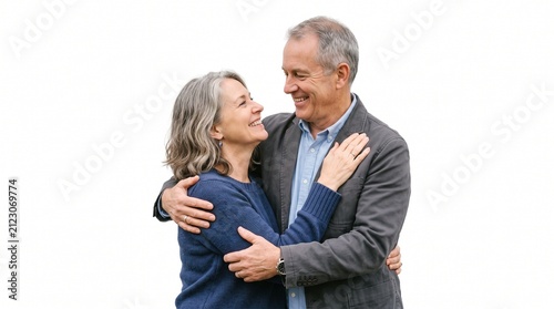 An older couple, deeply in love, embracing each other with smiles and warmth. Their bond is evident as they look into each other's eyes