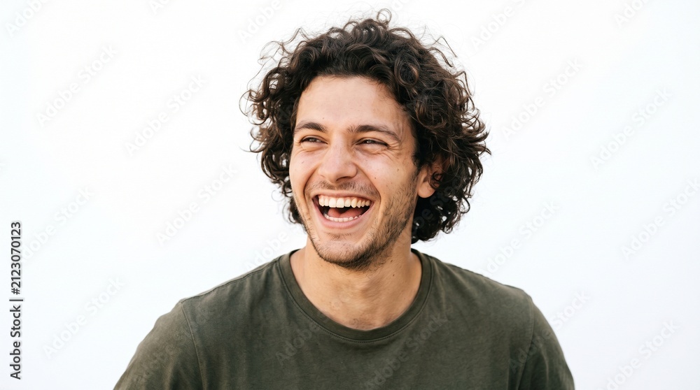 Fototapeta premium A man with curly hair laughing heartily, looking to the side with genuine joy. His eyes are crinkled, and his mouth is wide open in a spontaneous burst of laughter.