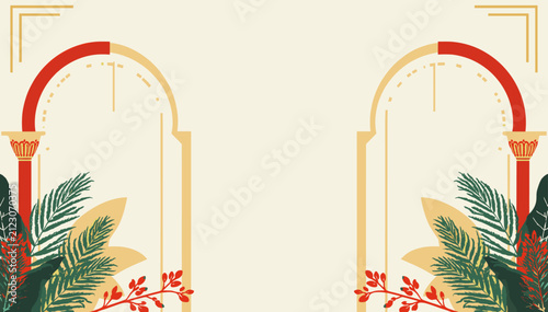 Canvas Print Elegant illustration of two symmetrical archways with decorative columns and stylized botanical elements in a warm, festive color palette
