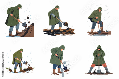 Set of illustrations showing soldiers in raincoats and helmets digging trenches in the mud during rainy weather, historical military concept.