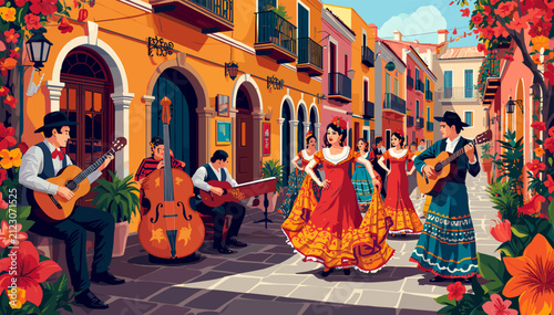 Foto Vibrant street scene with musicians playing guitars and double bass, and women in traditional red and orange dresses dancing in a colorful town square adorned with flowers