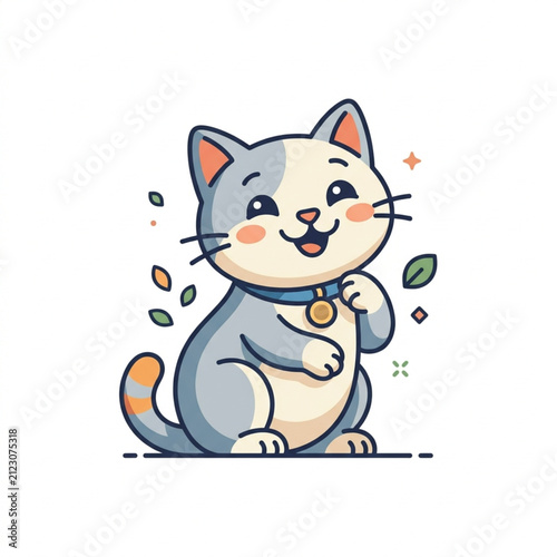 Cute cartoon cat with lucky coin and leaves.