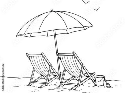Two Deck Chairs Under Beach Umbrella On Sandy Shore