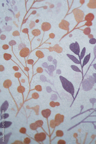 Vertical Botanical Pattern Background with Purple Leaves and Golden Berry Sprigs