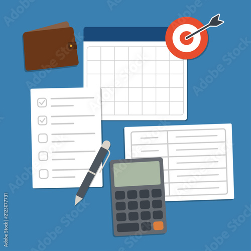 Annual goals planner illustration. Yearly calendar, goal checklist, calculator, wallet, target symbol, pen and planning worksheet. Annual financial planning concept. Clean modern finance graphic.