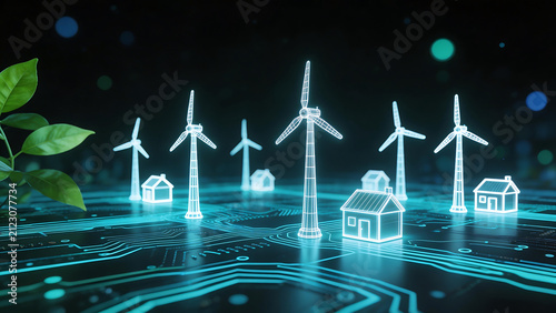 Wind turbines and houses on circuit board