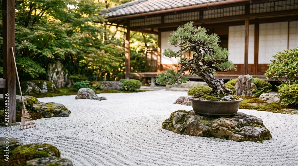 Fototapeta premium Zen Garden Bonsai Tree in Traditional Japanese Rock Garden Setting
