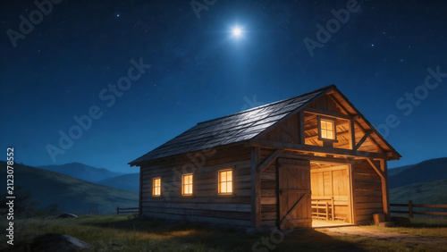 Wooden cabin under moonlit sky